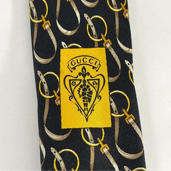 Gucci Men’s Silk Neck Tie‎ Black with Gold Equestrian Buckles Luxury Formal